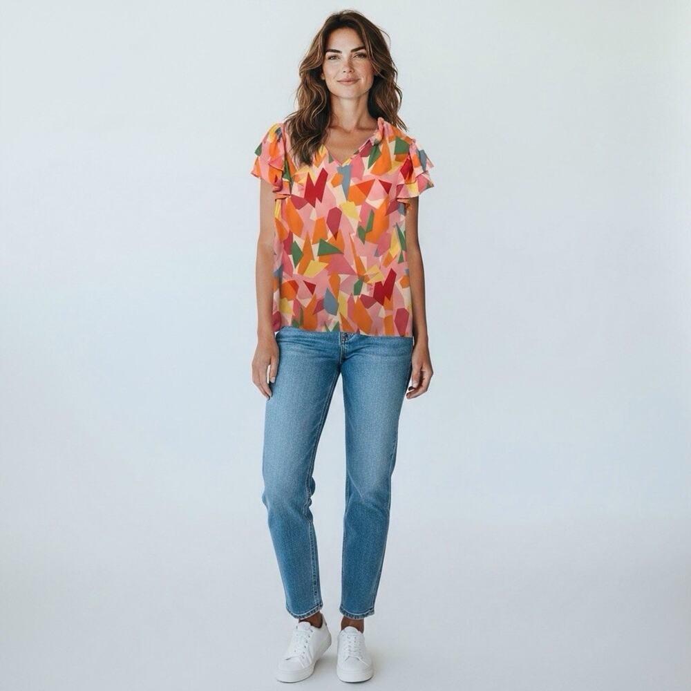 BiBi Pink V-Neck Flutter Sleeve Blouse Women's Small Ruffle Collar Colorful